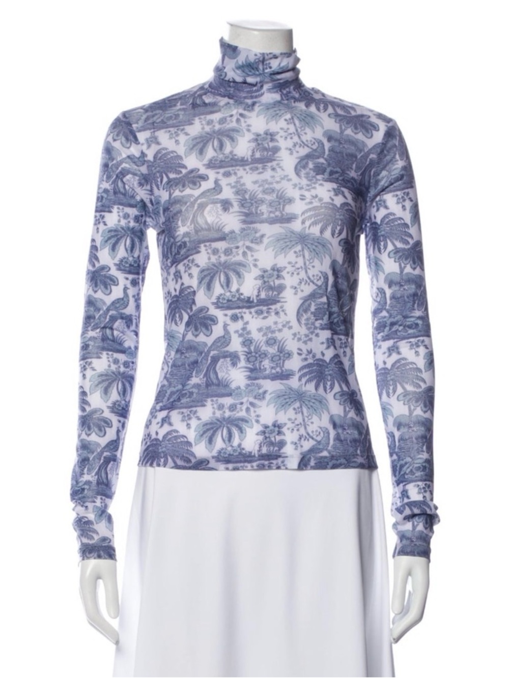 Blue Mesh Print Long-Sleeve Turtleneck Top